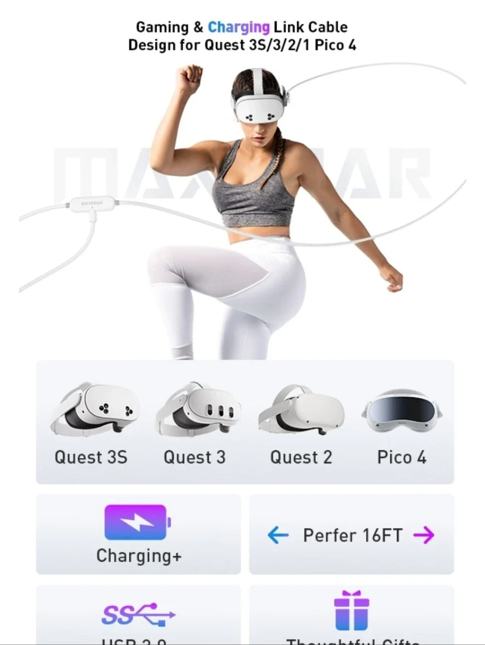 VR Charging Link Cable 16FT (Next-Gen Chip) Compatible with Meta Quest 3S/Quest